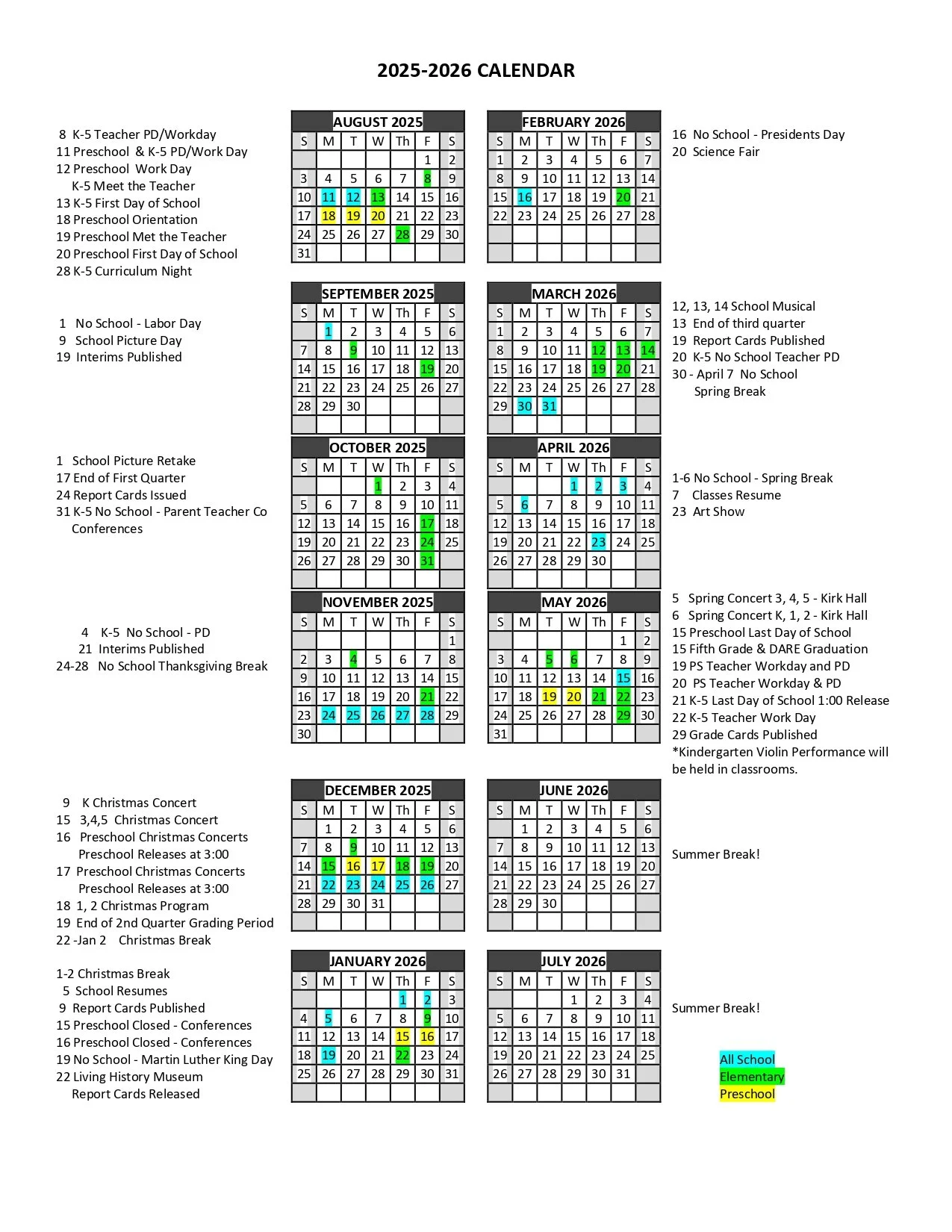 Preschool Calendar — Central College Christian School